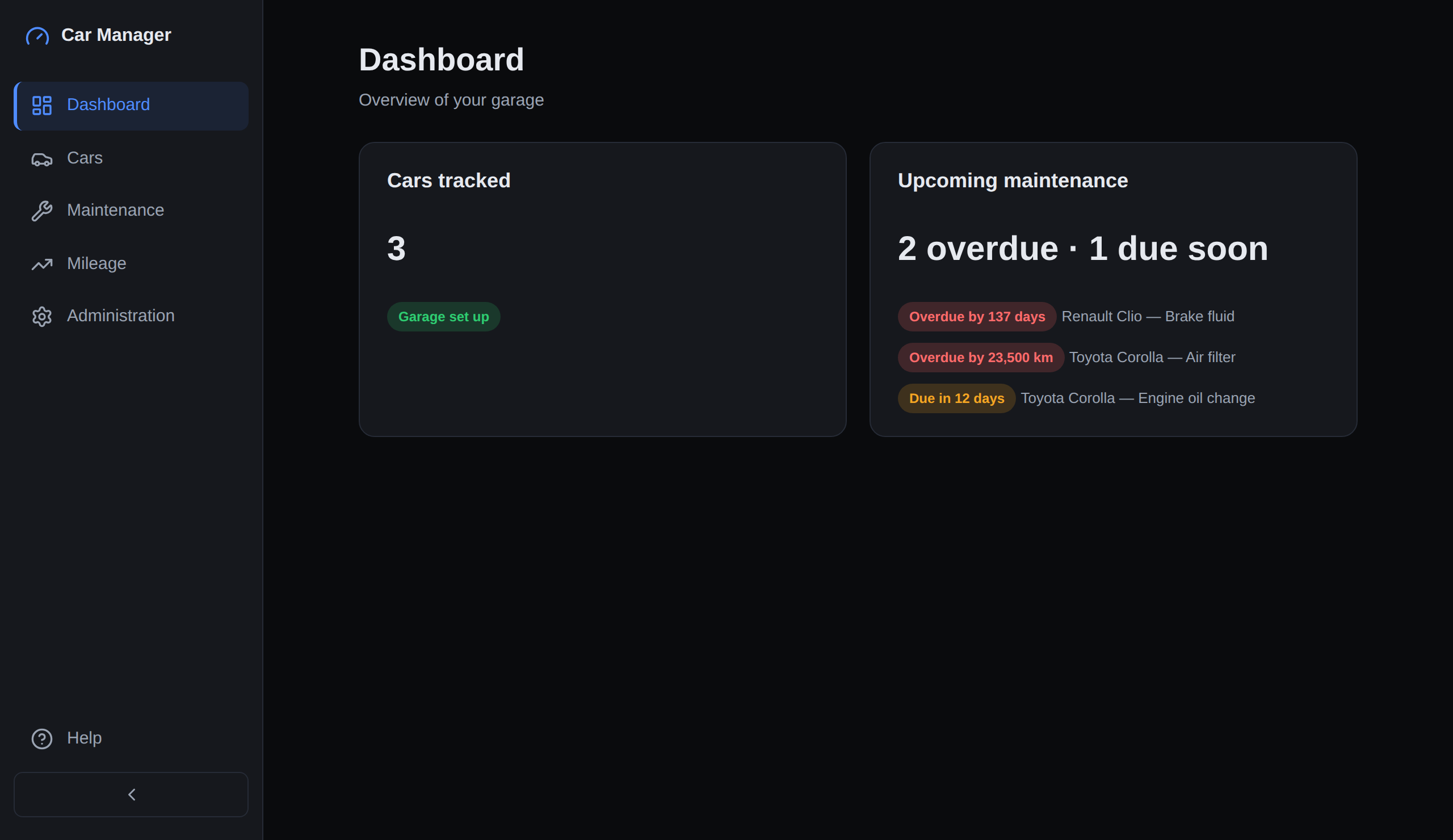 The Car Manager dashboard, showing each car with its next due service