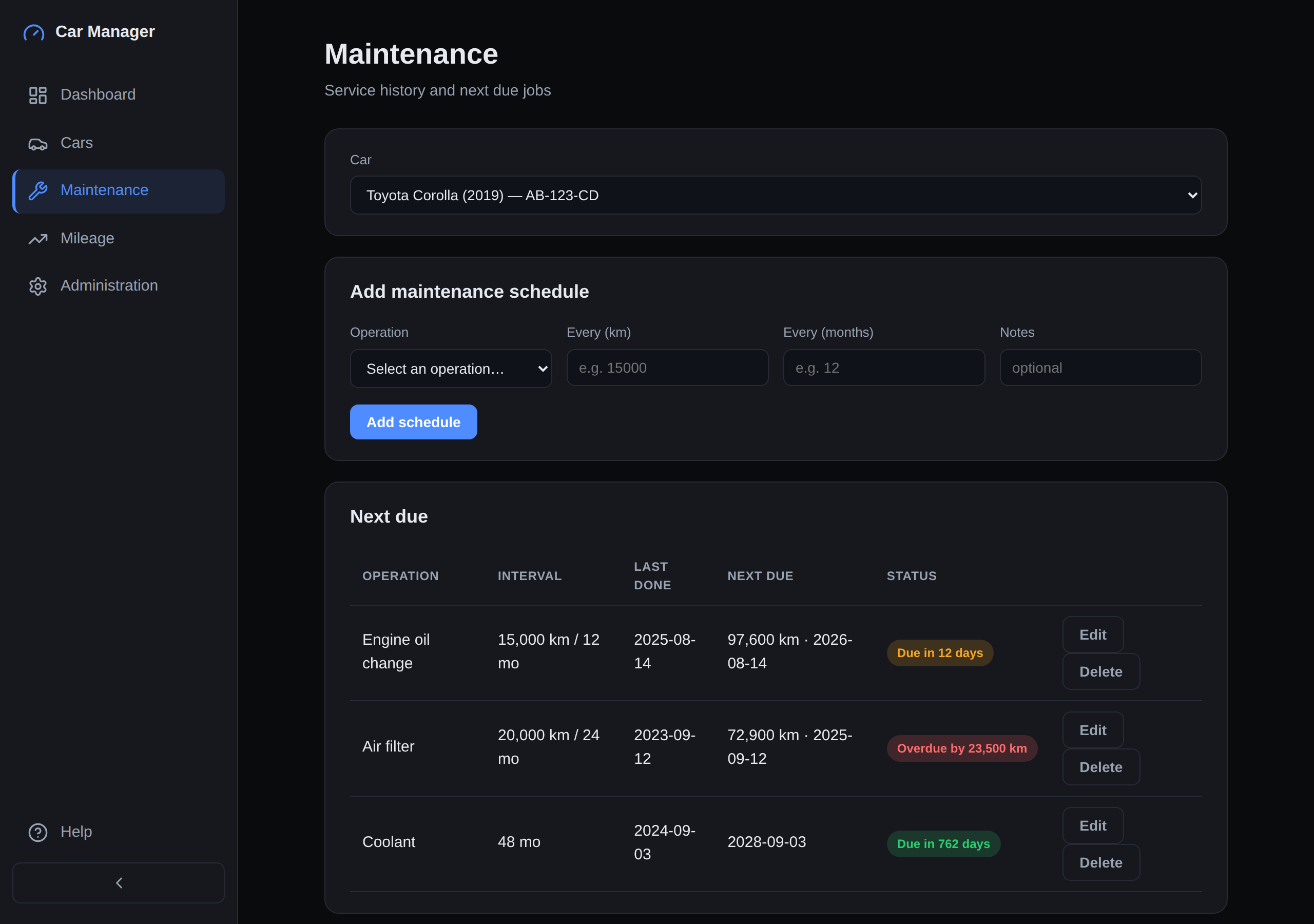 The maintenance page, listing each schedule with the interval, when it was last done and whether it is due